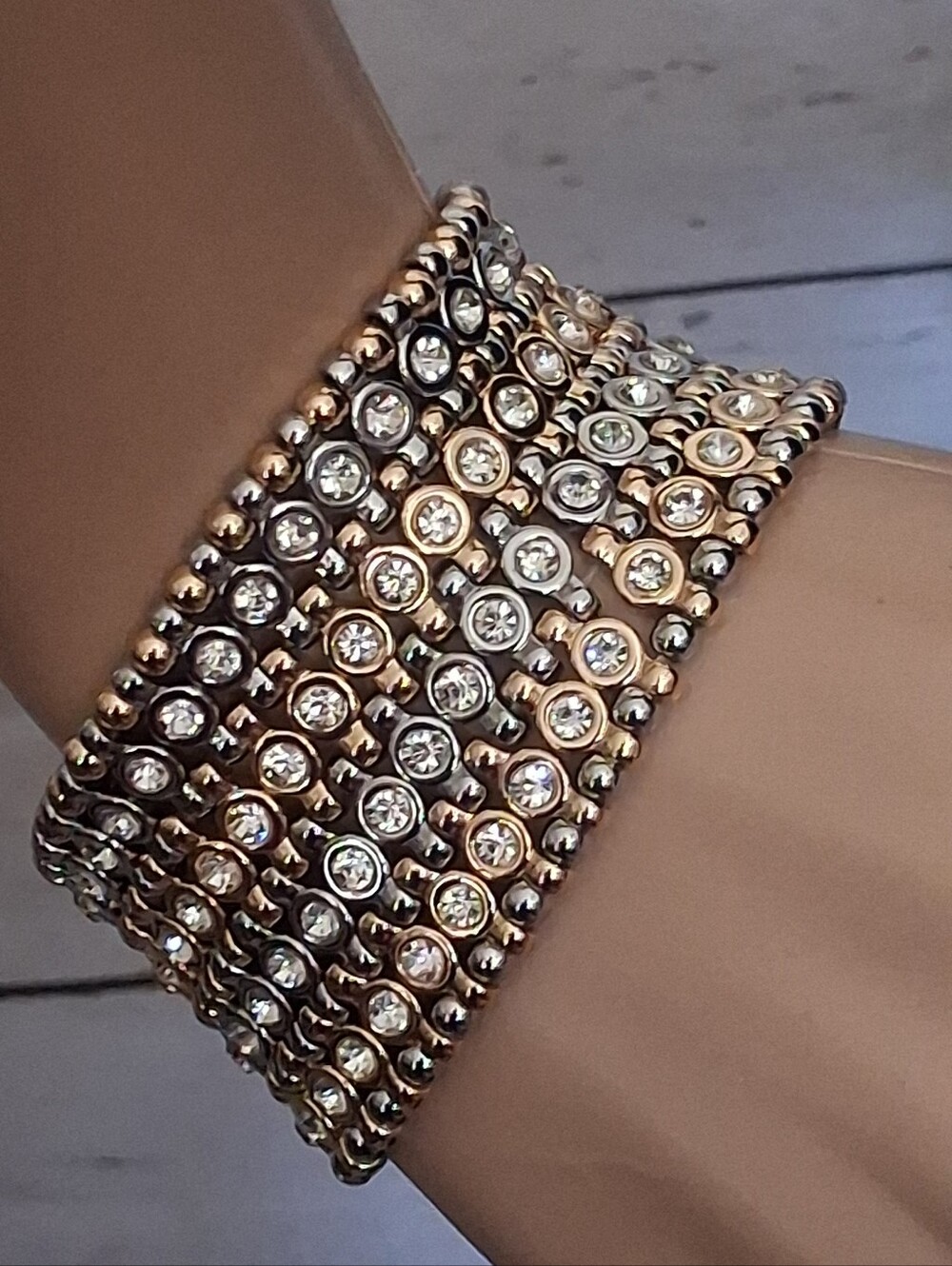 White House Black Market Gold-Tone And Silvertone Crystal Stretch Bracelet - Picture 16 of 16